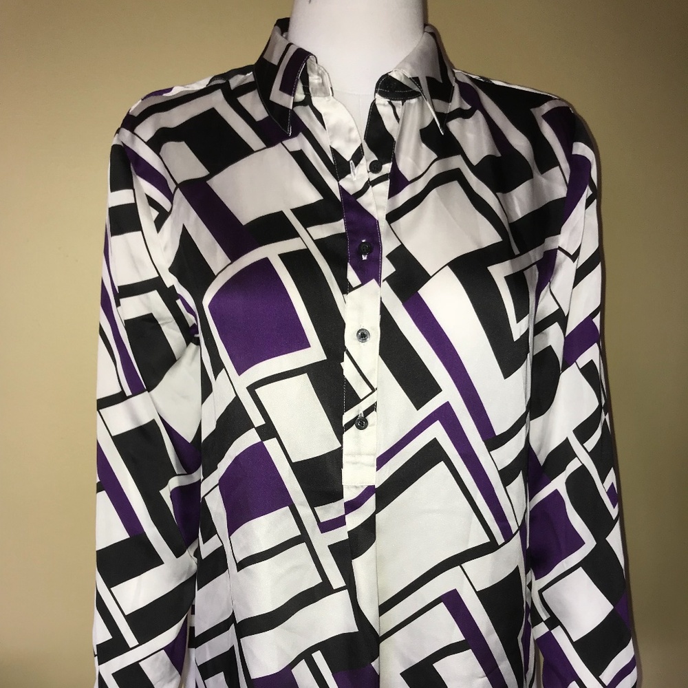 Ralph Lauren White Purple Black Abstract Geometric Blouse Medium